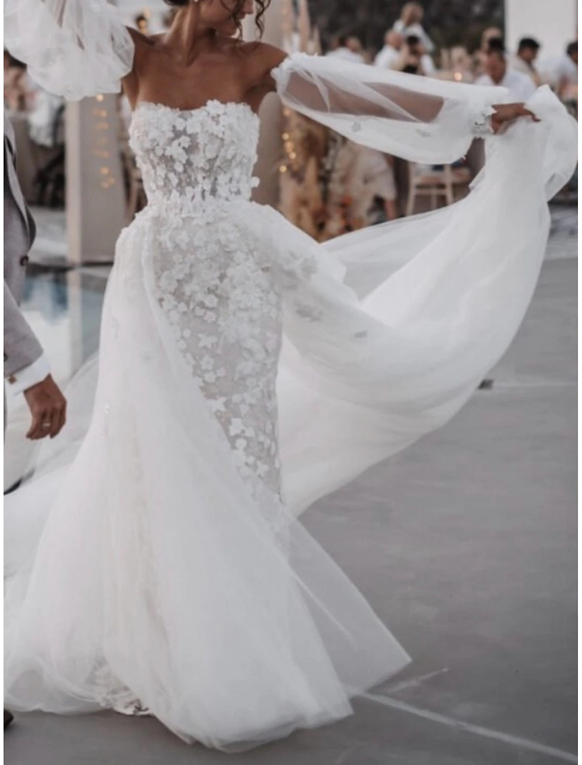 Elegant A-line sweetheart long sleeve lace wedding dress with court train.