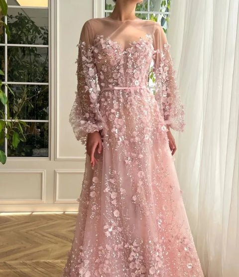 Elegant navy blue sequined tulle A-line prom dress with long sleeves and sweetheart neckline.