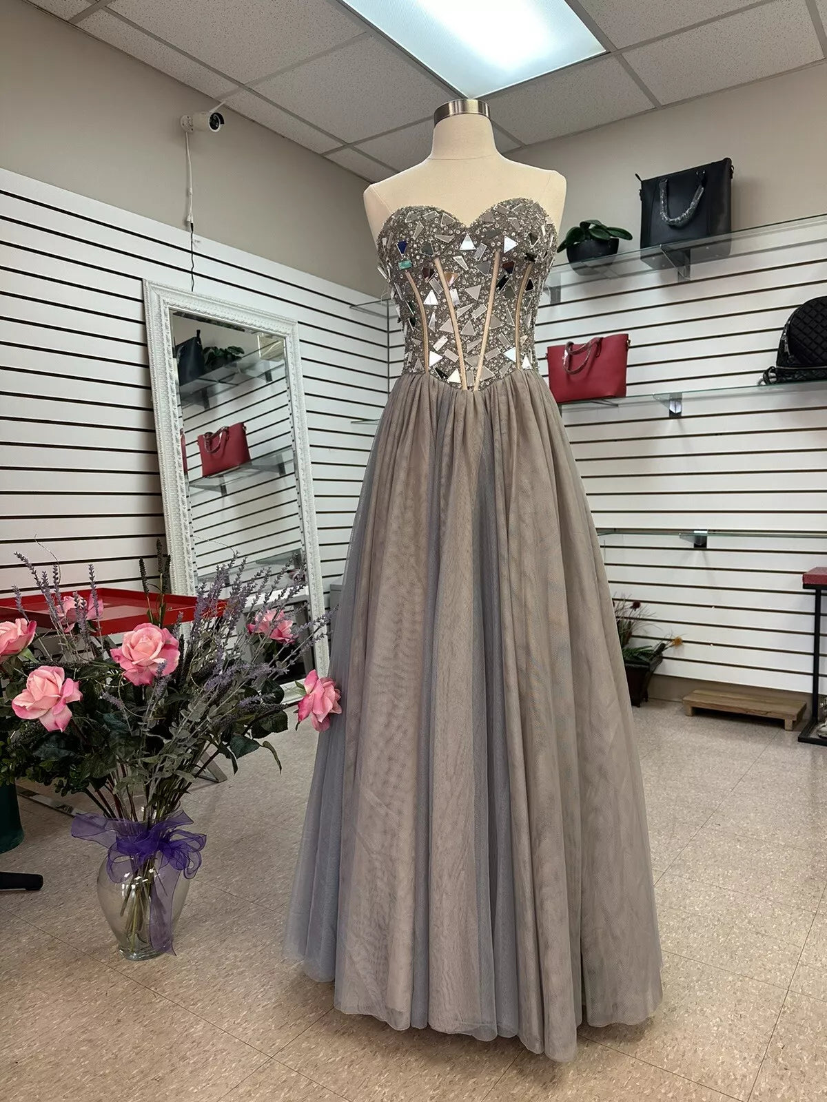 A-Line sweetheart neck floor length evening dress.