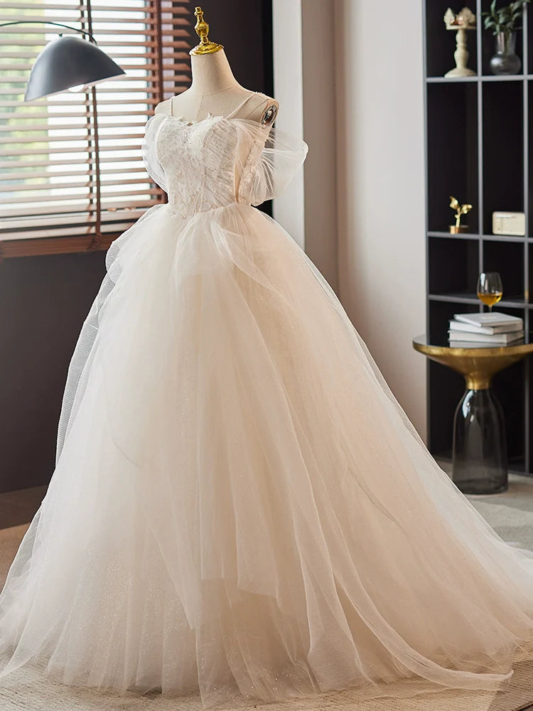Back view of the elegant lace tulle long prom dress, highlighting the delicate lace details.