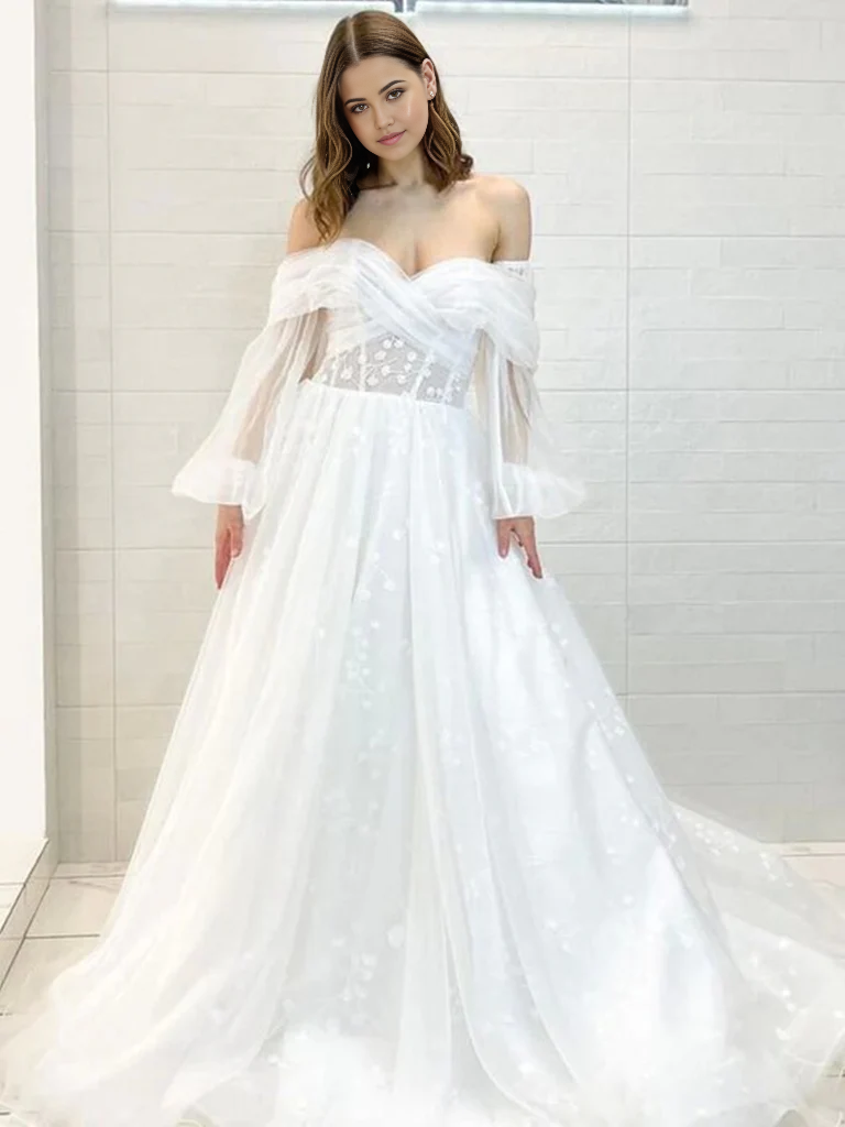 Elegant white A-line lace formal dress with sweetheart neckline, front view.