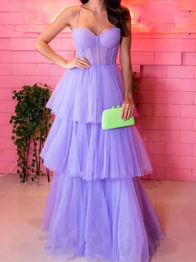 Elegant A-line long prom dress with sweetheart neckline and flowing tulle skirt.