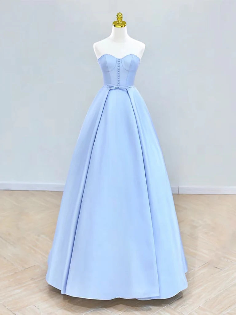 Elegant A-Line satin long prom dress with sweetheart neckline, front view.