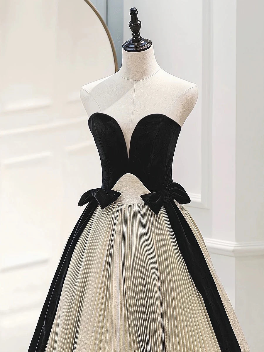 Full view of the A-line satin velvet long prom dress, showcasing its elegant silhouette.