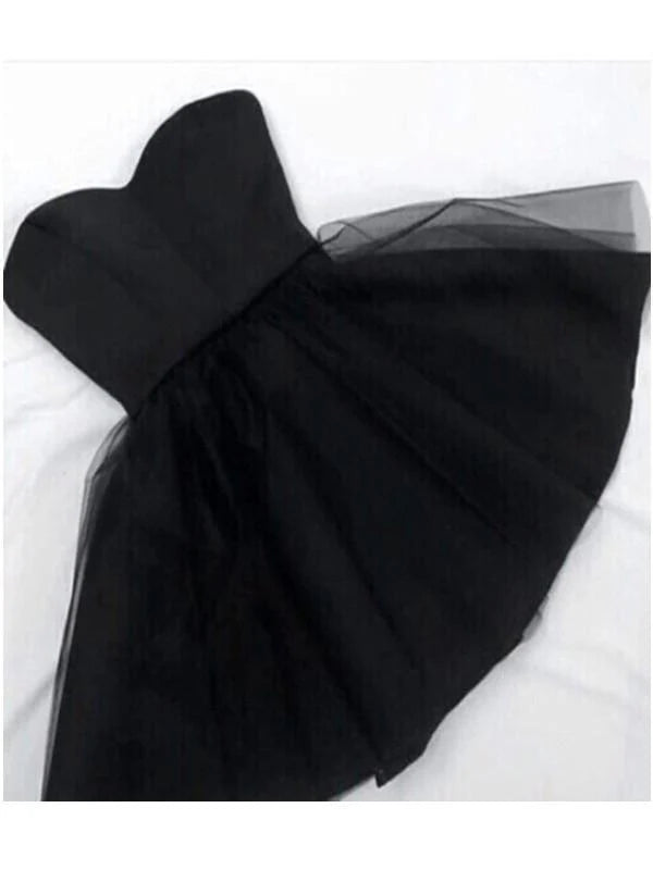 Short black A-line dress with sweetheart neckline for formal events.