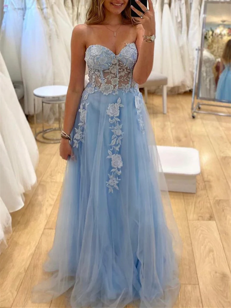 Elegant A-line prom dress with sweetheart neckline and floral lace details.