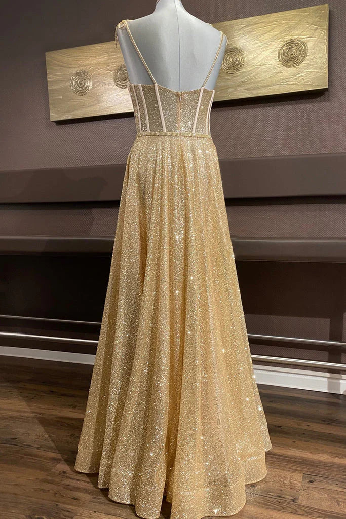 Side view of an A-line sweetheart neck prom dress with delicate spaghetti straps.