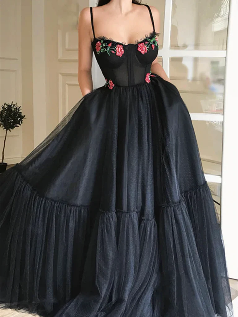 Full view of the A-line tulle lace long prom dress, showcasing its flowing silhouette.