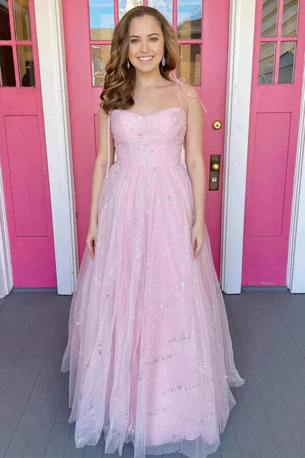 Elegant pink tulle A-line prom dress with sweetheart neckline.