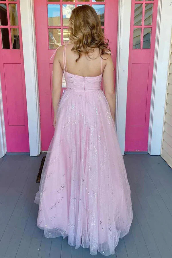 Full view of a long pink sweetheart neck formal dress in tulle.