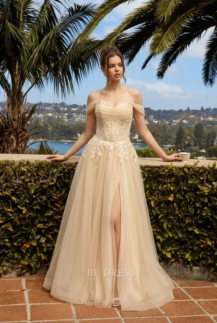 Model in elegant champagne A-line prom dress with sweetheart off-shoulder neckline and high slit.