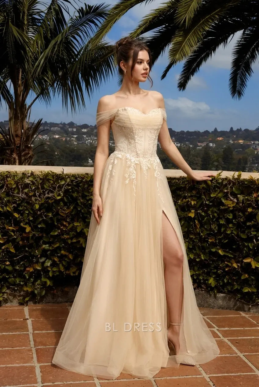 Full length view of champagne A-Line prom dress with embroidered details and graceful silhouette.
