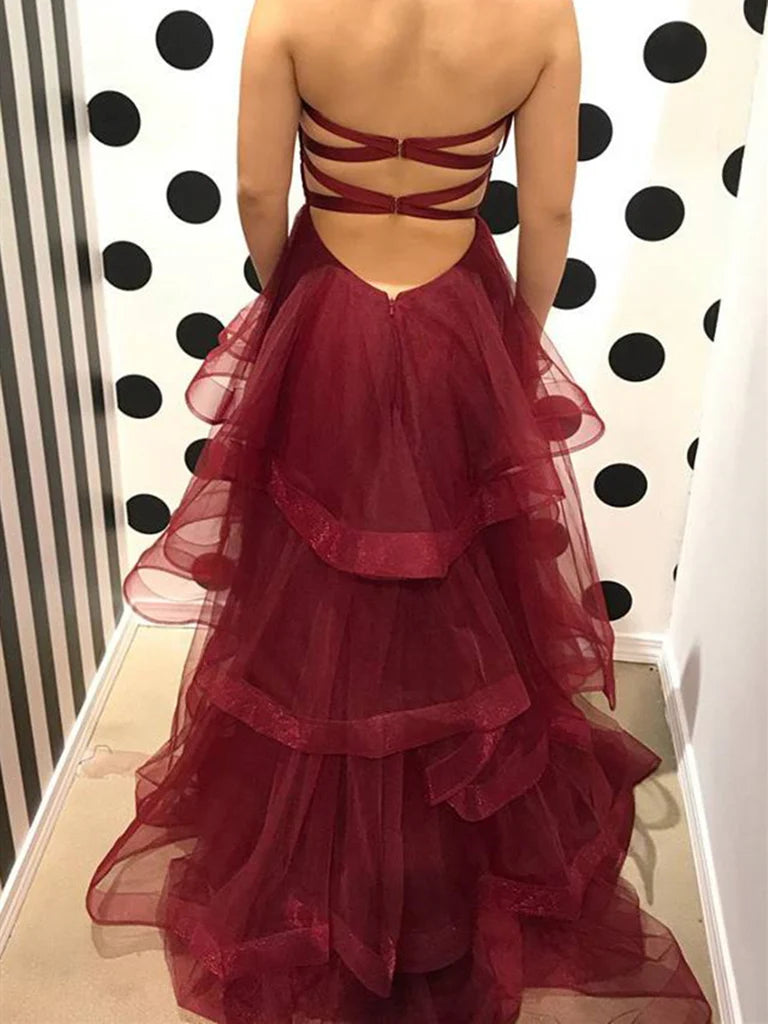 A-line long formal dress with pleated ruffles and sweetheart neckline.