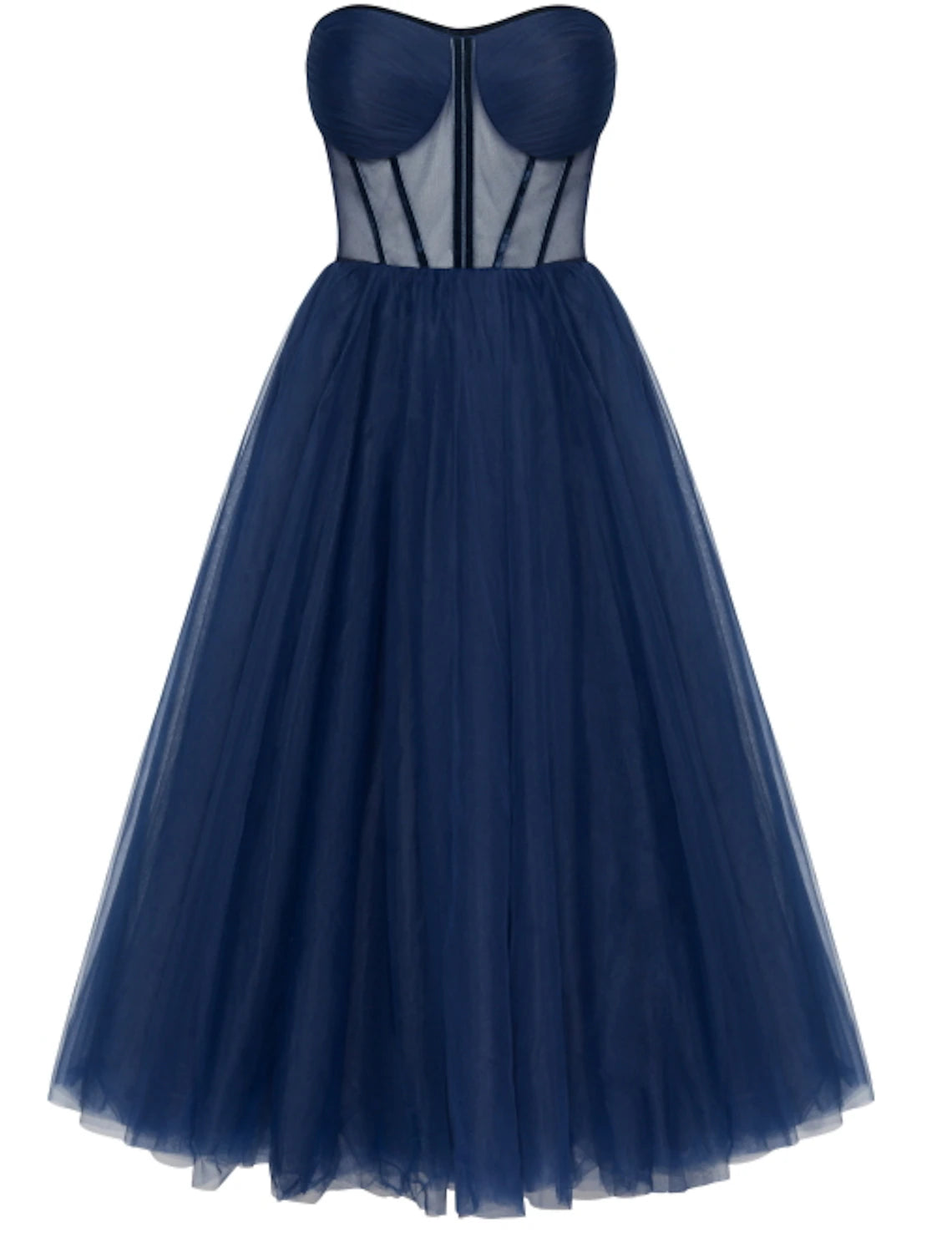 Elegant A-Line tea length cocktail dress with sweetheart neckline and pleated tulle fabric.