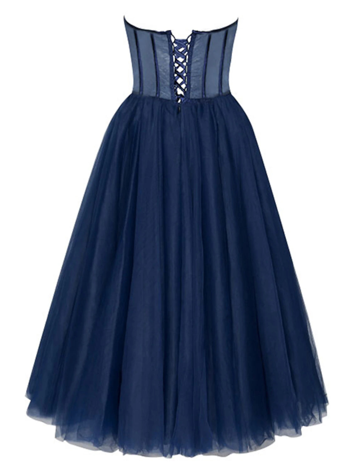 Back view of the sleeveless A-Line cocktail dress, showcasing the flowing tea length skirt.
