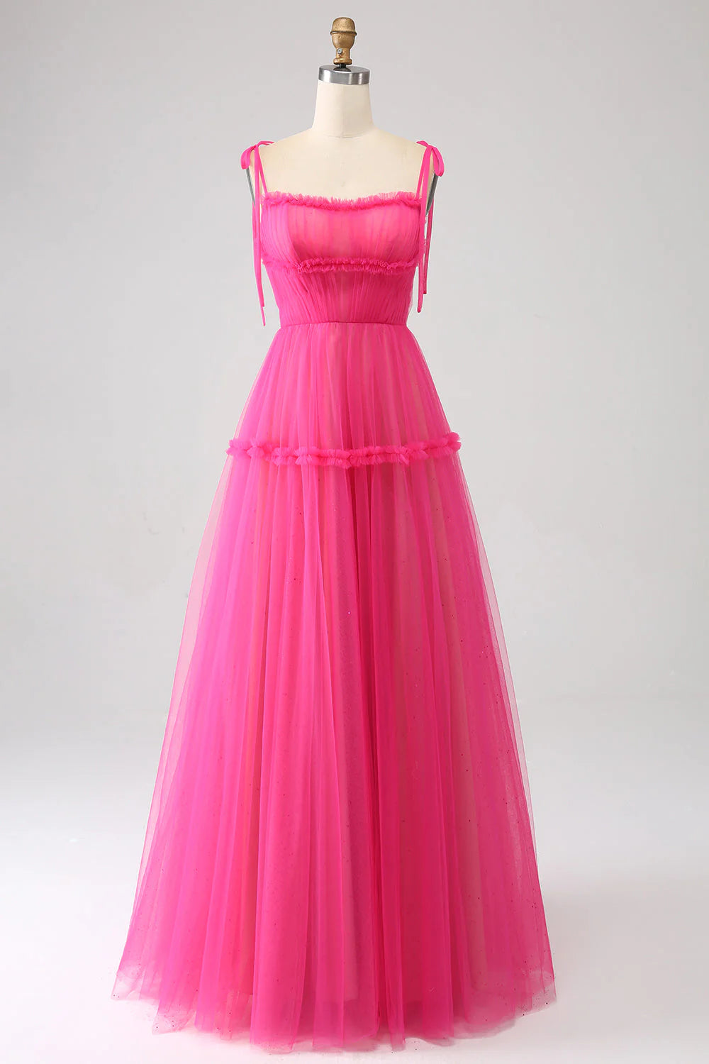 Fuchsia A-line ruffled tulle long prom dress, front view.