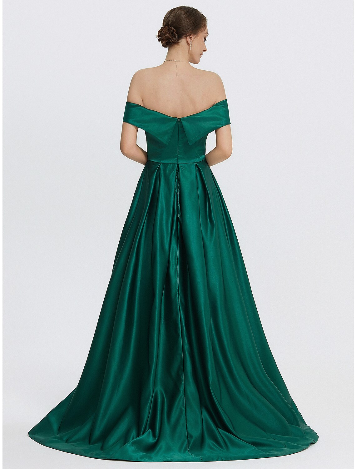 Full length view of the elegant A-Line satin gown for formal events.