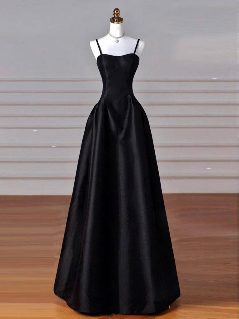 Elegant A-line satin prom dress with sweetheart neckline, full length.