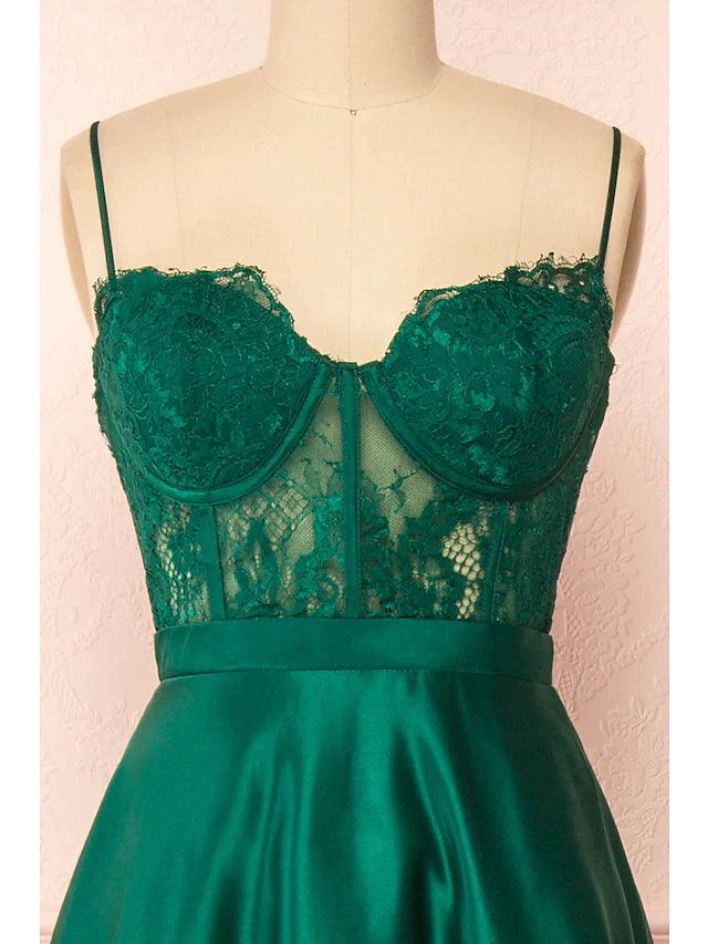 Full length view of the satin A-line prom dress, perfect for formal events.