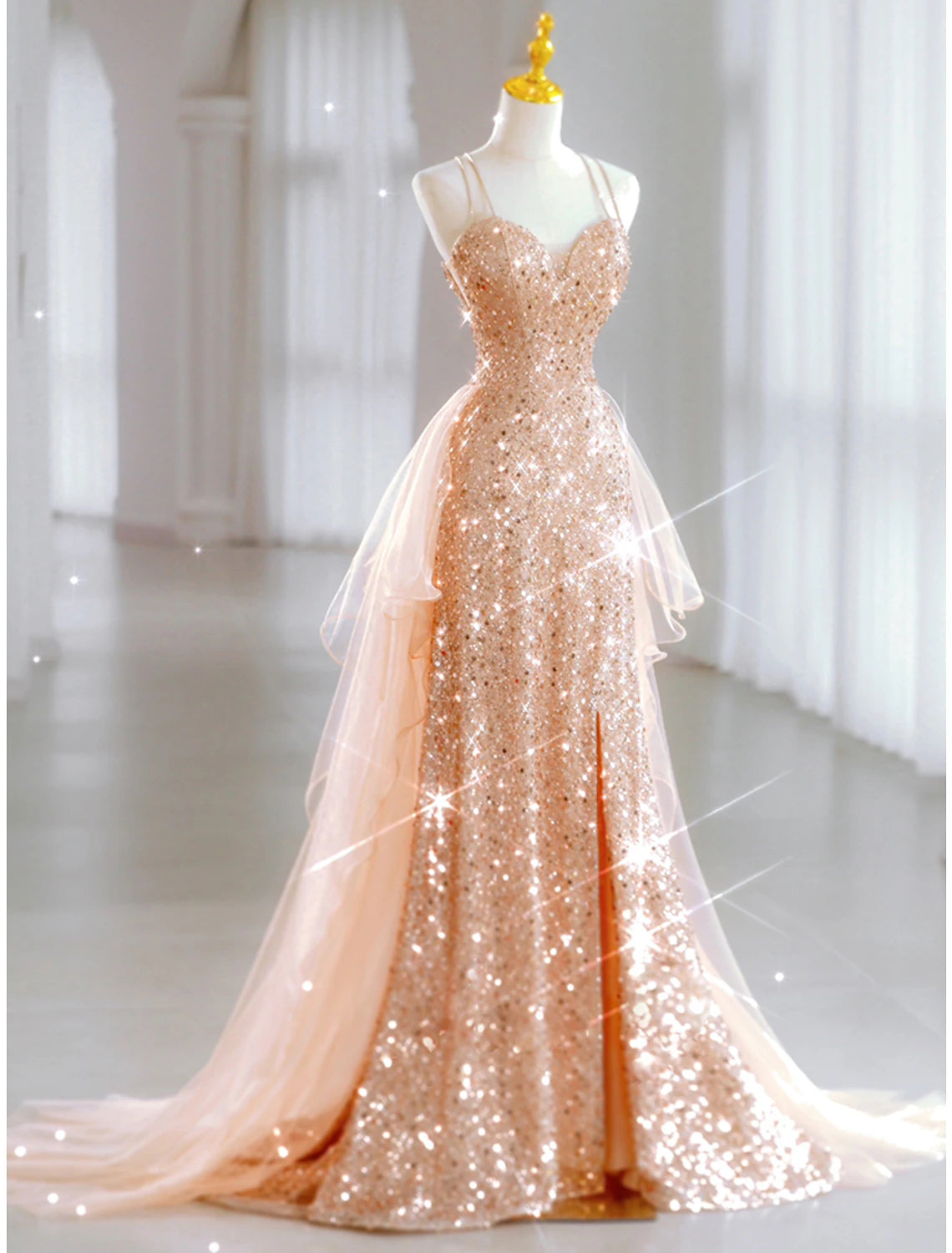 Elegant A-Line sequin tulle floor length party dress.