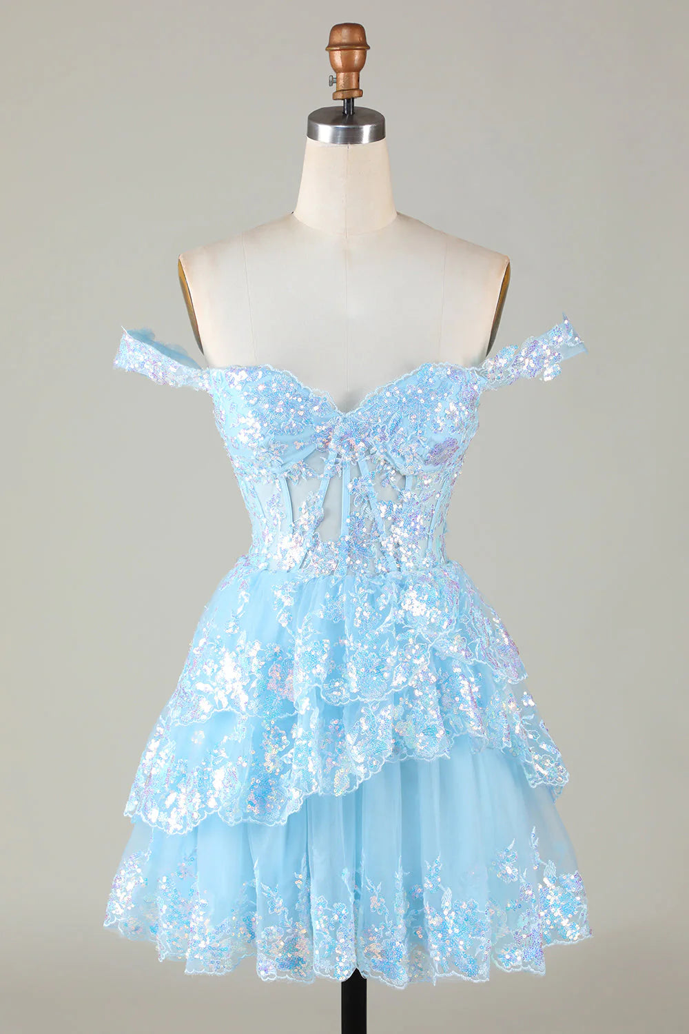 Elegant A-Line short lace homecoming dress with sequins, front view.