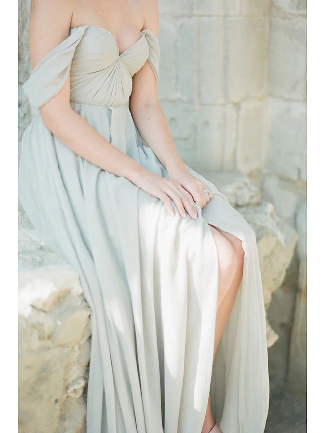 Full length view of the A-line chiffon bridesmaid dress with split front.