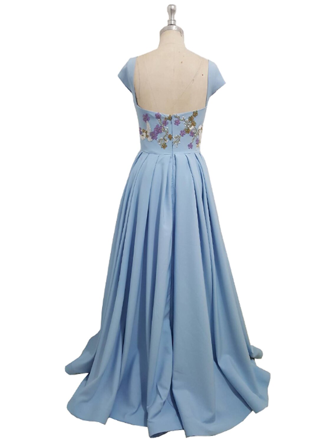 Side view of the A-line evening gown, highlighting the stretch fabric.