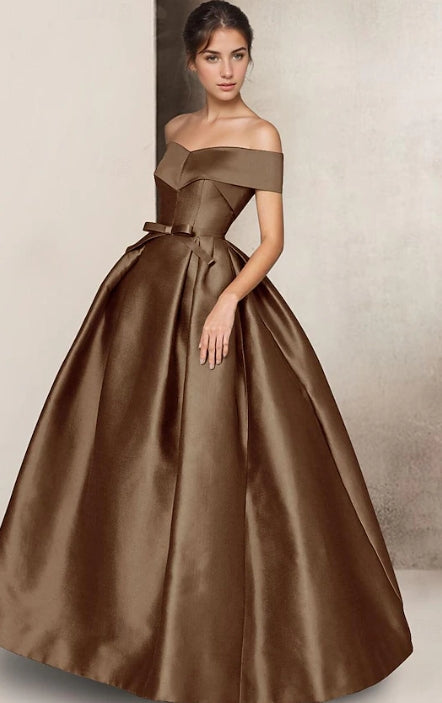 Model wearing an elegant A-line sweetheart short sleeve floor-length prom dress.