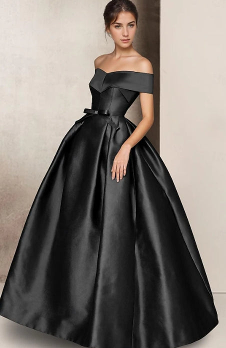 Full view of a sweetheart neckline A-line formal gown with short sleeves.