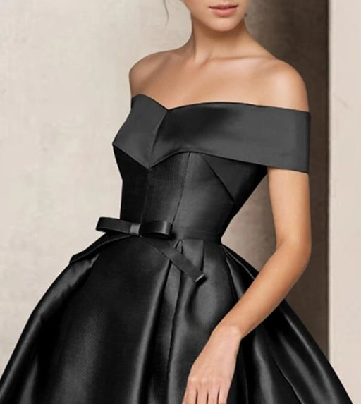 Front view of the elegant A-line short sleeve dress for formal events.