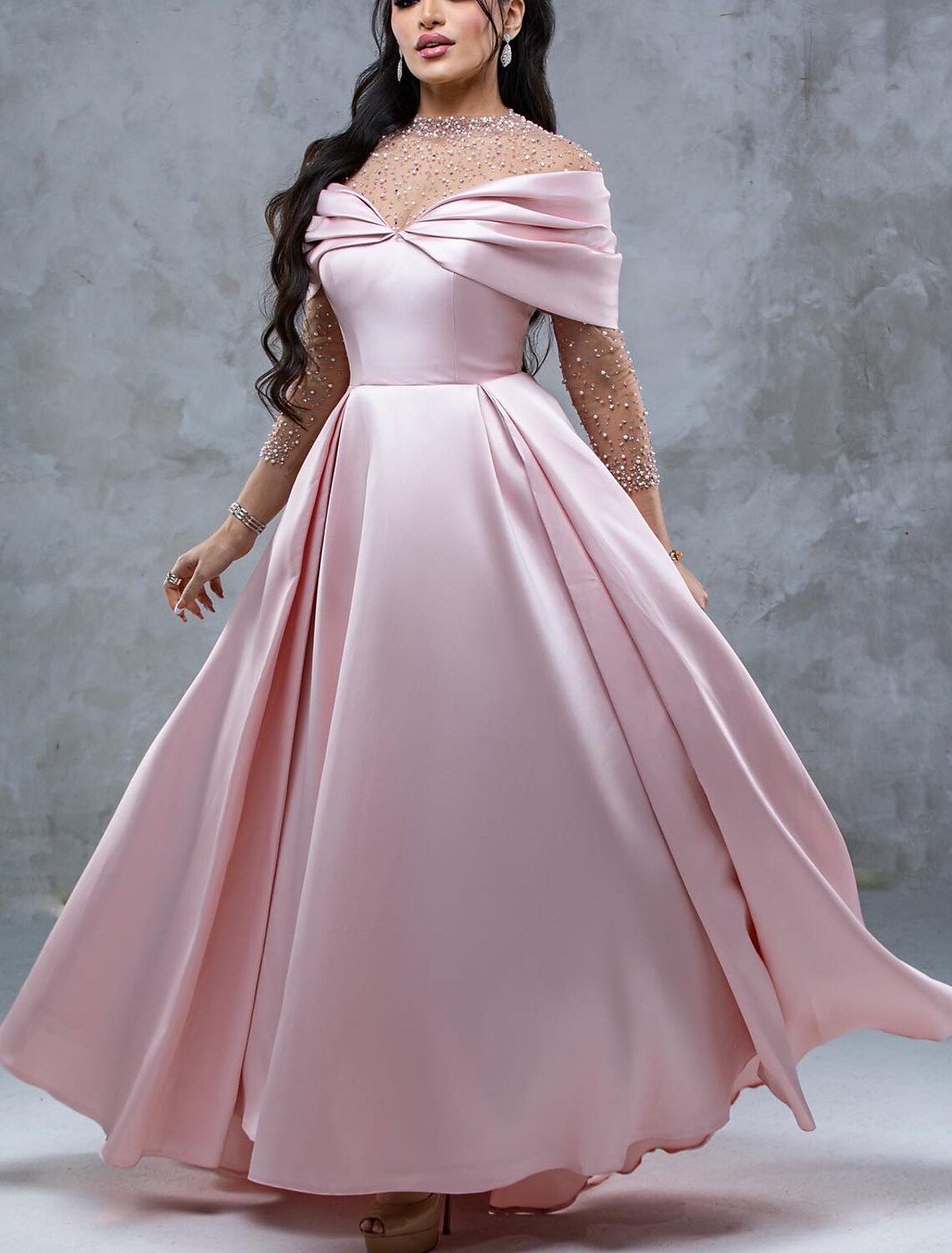 Side view of A-Line formal dress highlighting the elegant silhouette.