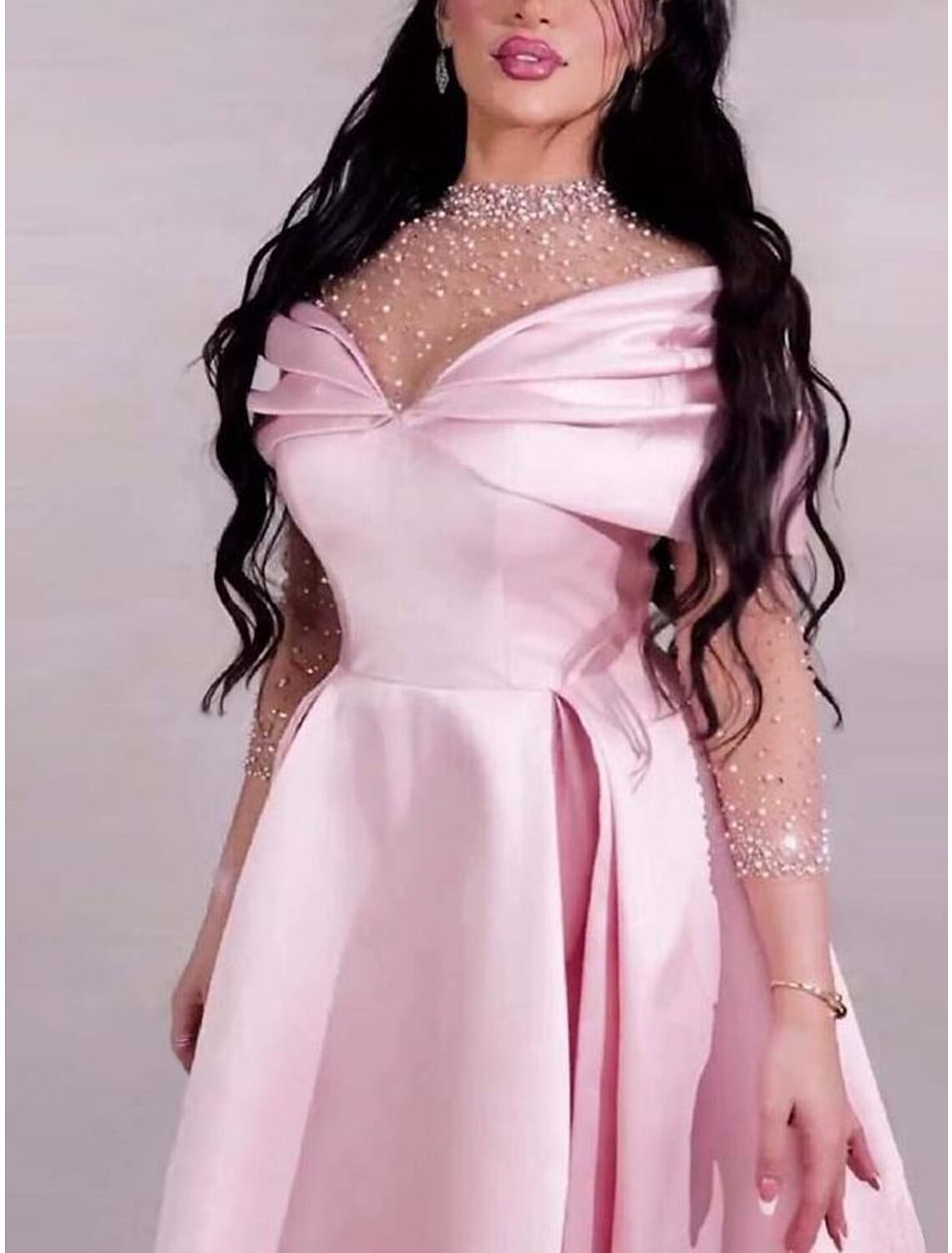 Full view of A-Line evening gown with short sleeves and floor-length design.