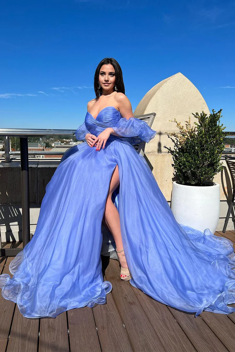 Elegant blue organza prom dress with sweetheart neckline and thigh-high slit.