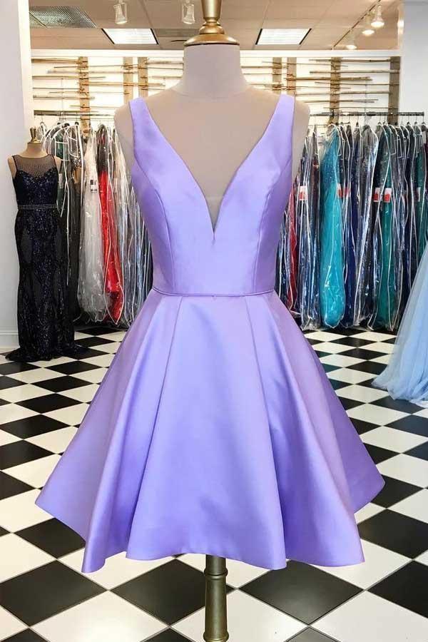 Lavender short satin homecoming dress, front view.