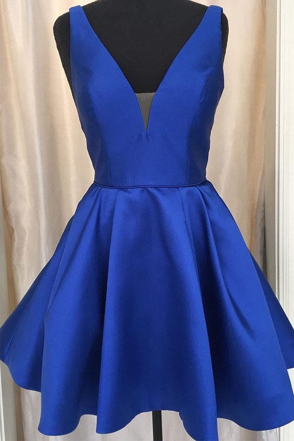 Lavender short satin homecoming dress, back view.