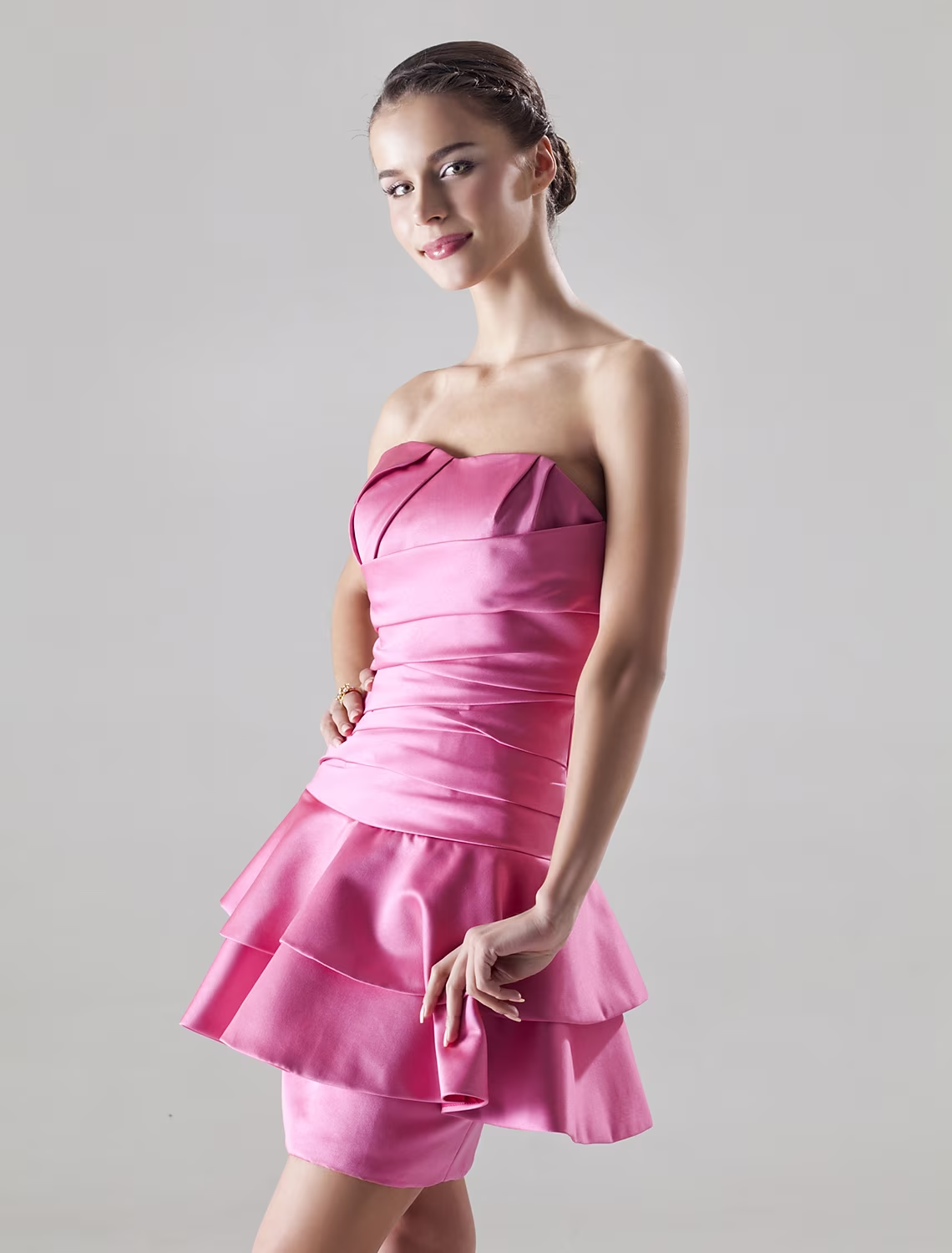 Side profile of the short A-Line homecoming dress in satin.