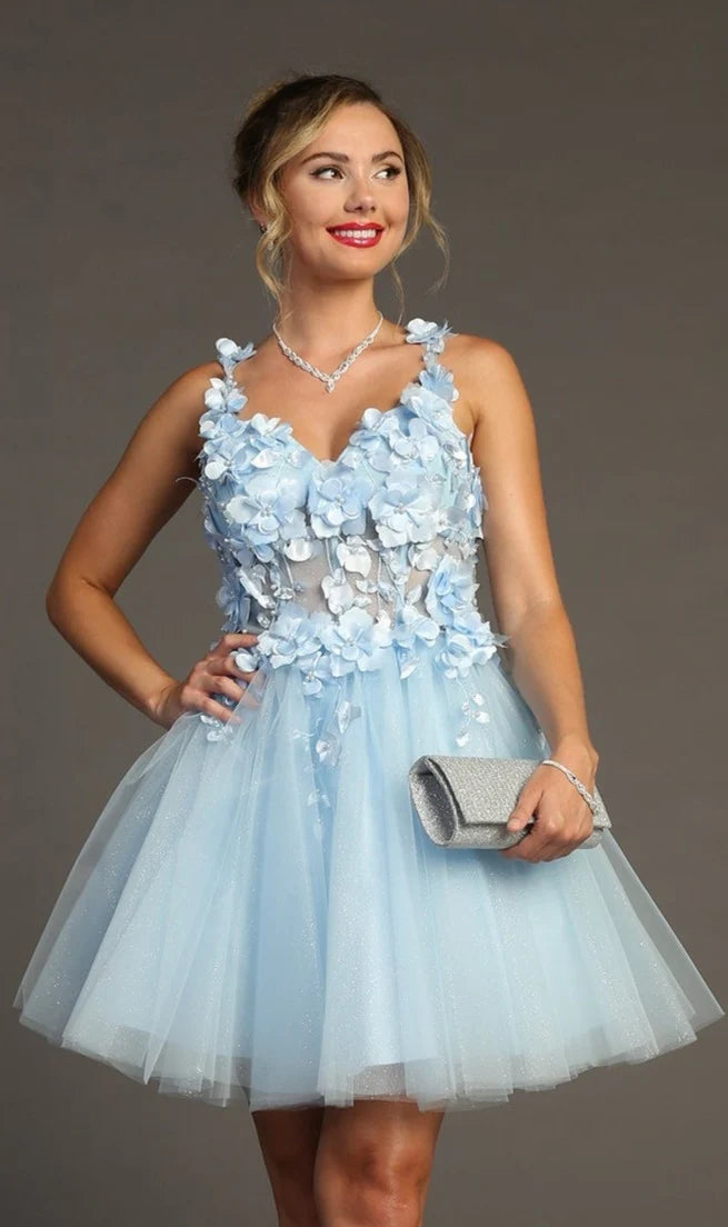 Light blue homecoming dress with 3D floral appliques, spaghetti straps, and a voluminous tulle skirt.