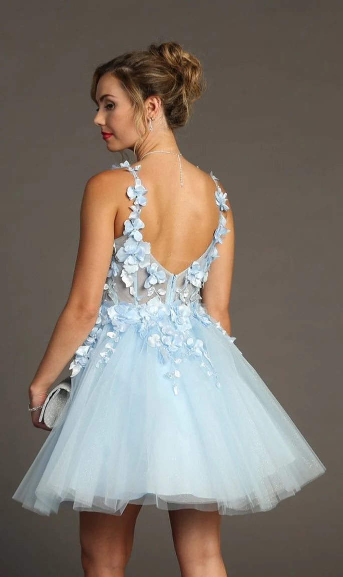 Back view of an elegant light blue homecoming dress with a sparkly tulle skirt.