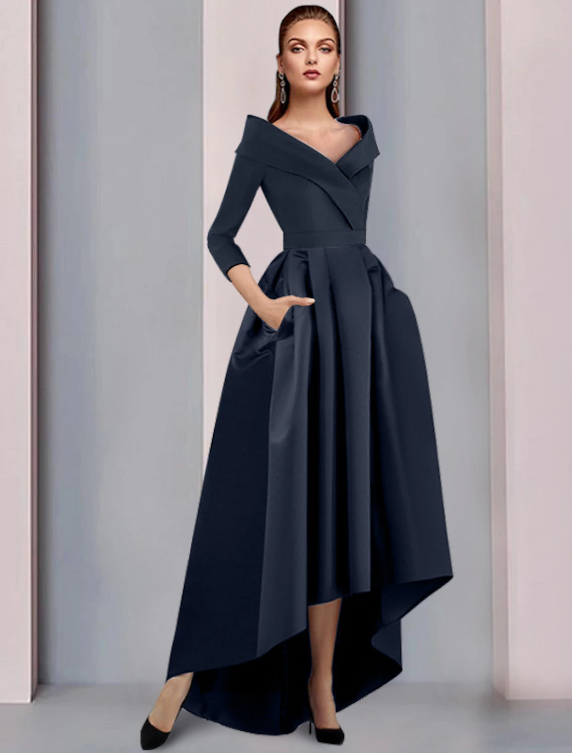 Elegant A-line satin high-low tea length dress with sweetheart neckline and spaghetti straps.