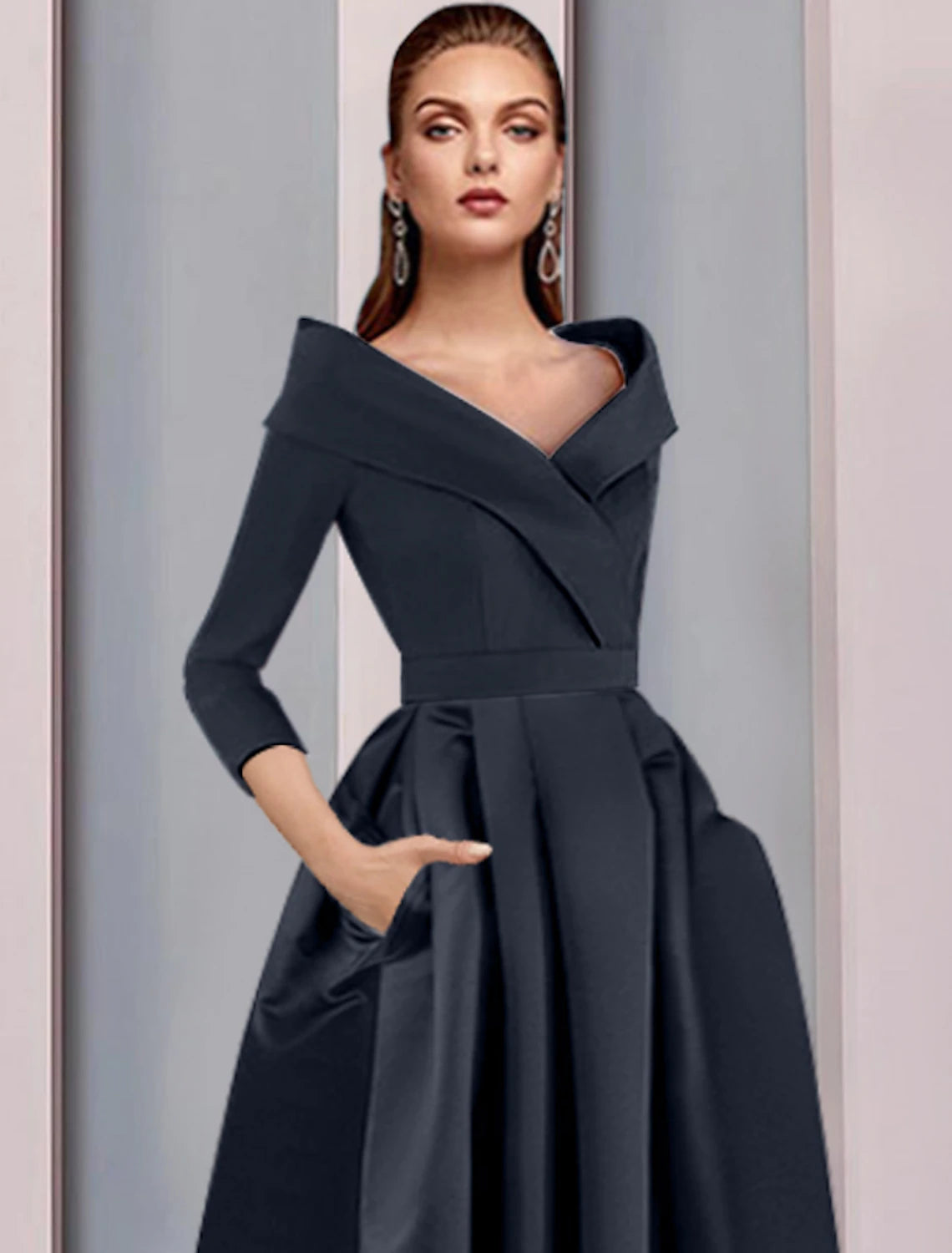 A-line satin dress with high-low hem and pleats, seen from a different angle.