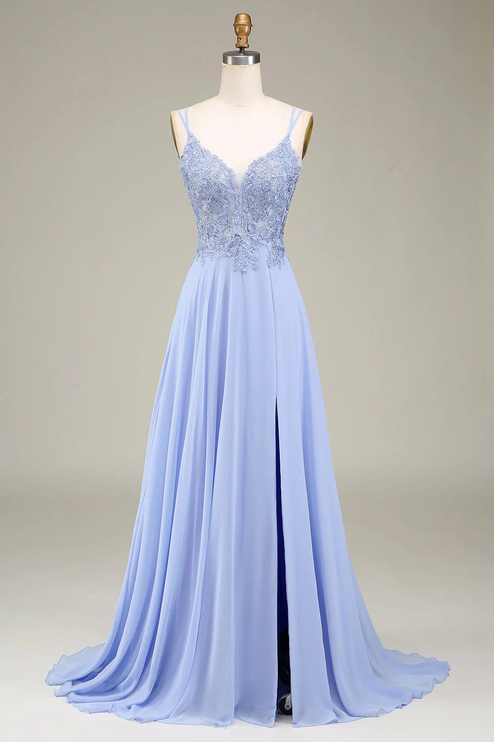 Lavender A-Line long prom dress with delicate appliques and sweetheart neckline.
