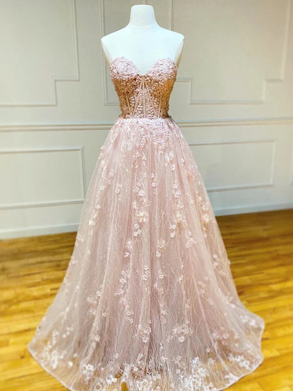 Elegant sweetheart strapless floral long prom dress.