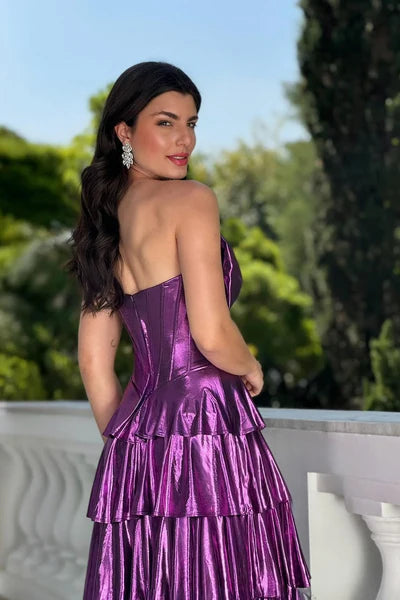 Back view of the long purple pleated prom dress with zipper closure.