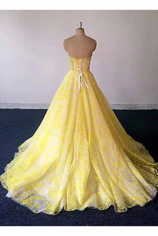 Elegant strapless sweetheart lace long prom dress, front view.