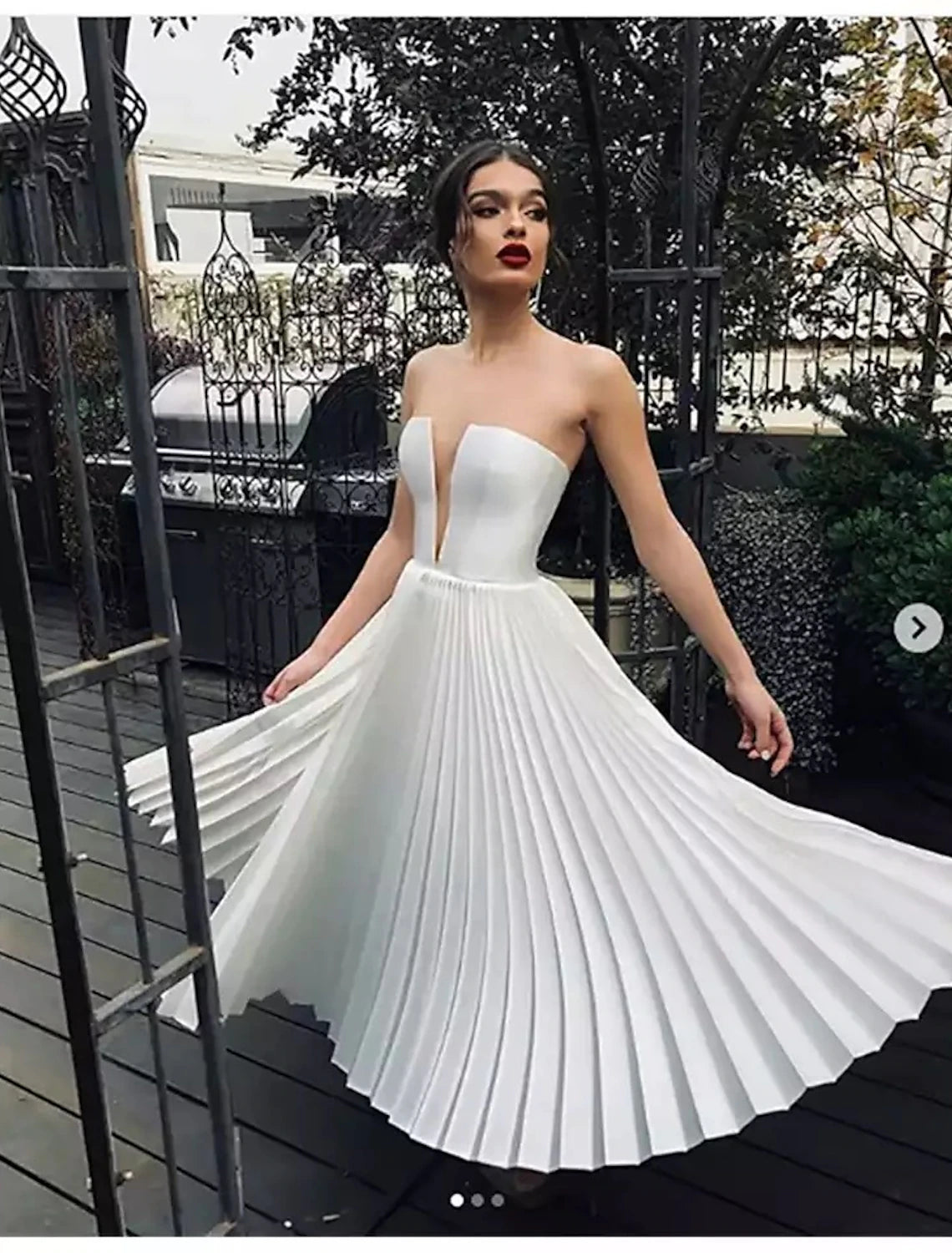 Elegant A-line sweetheart strapless white lace wedding dress with pleats.