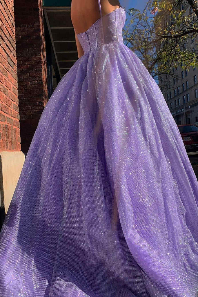 Back view of the flowing A-line prom dress with sweetheart neckline.