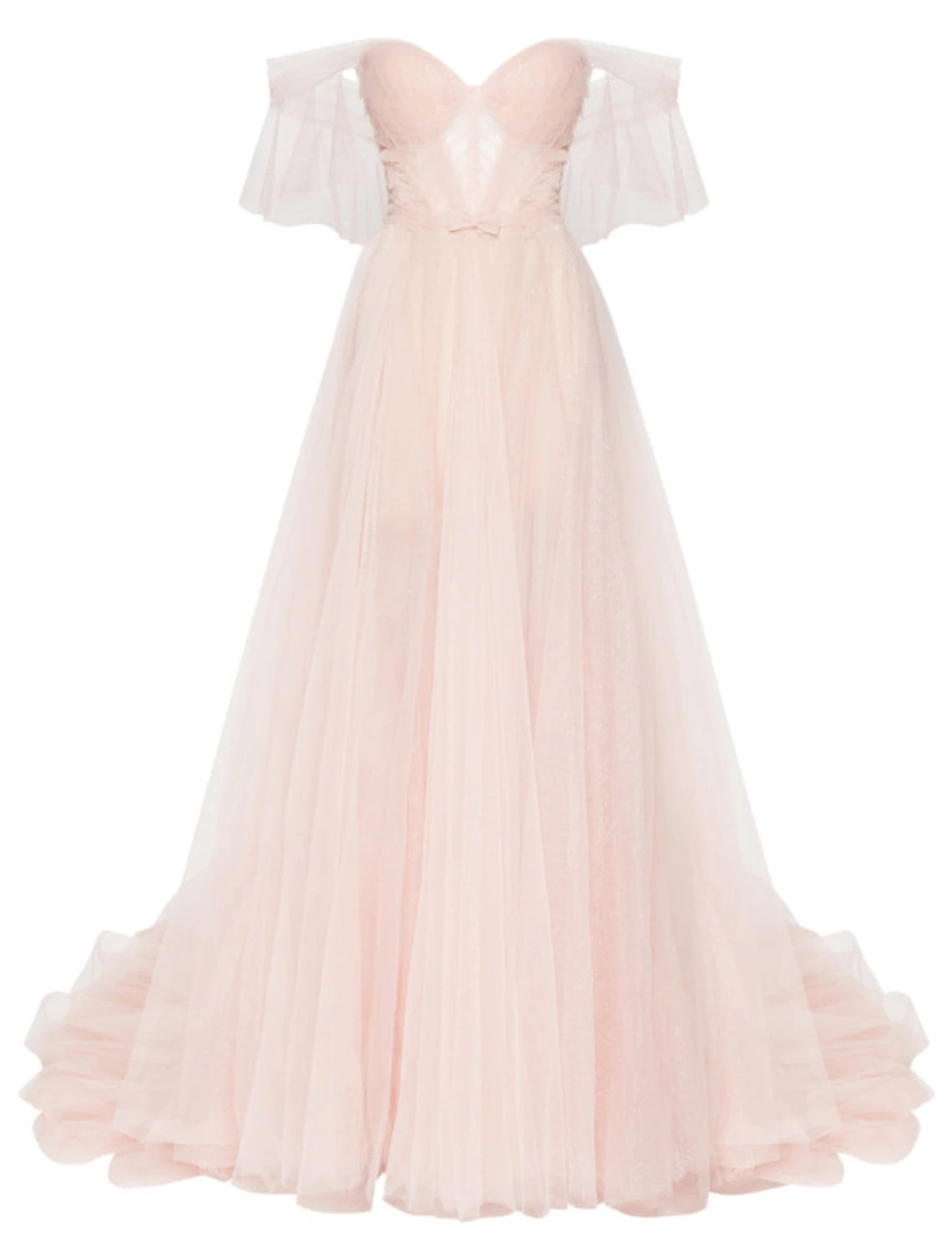 Elegant A-line sweetheart tulle evening gown with bows and pleats.