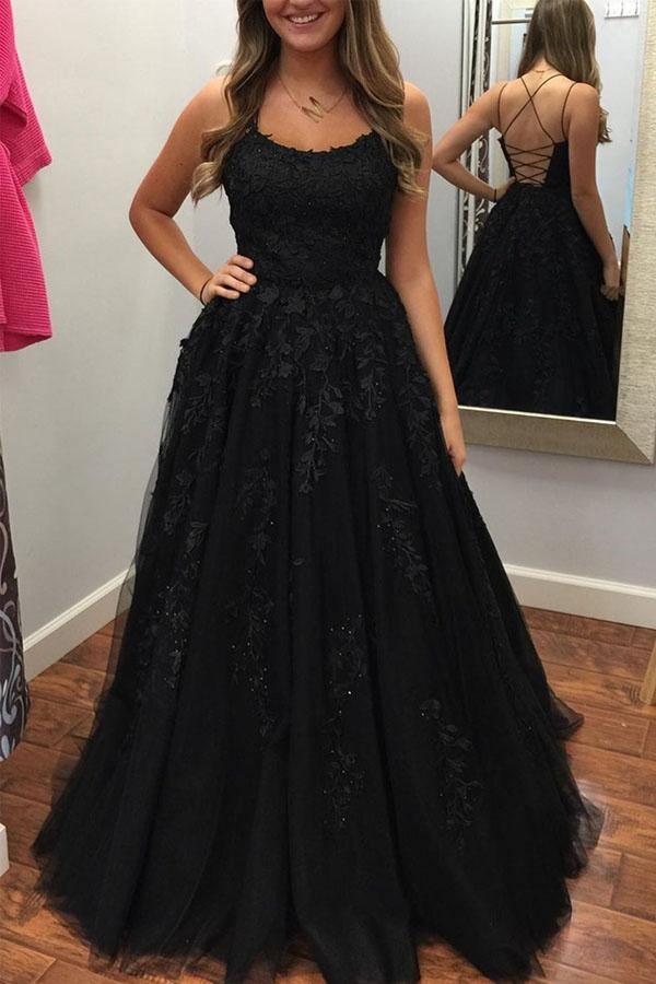 Back view of the A-line sweetheart tulle prom dress with delicate lace details.