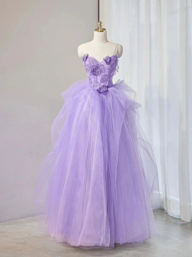 Elegant A-line sweetheart tulle long evening dress with 3D flowers.