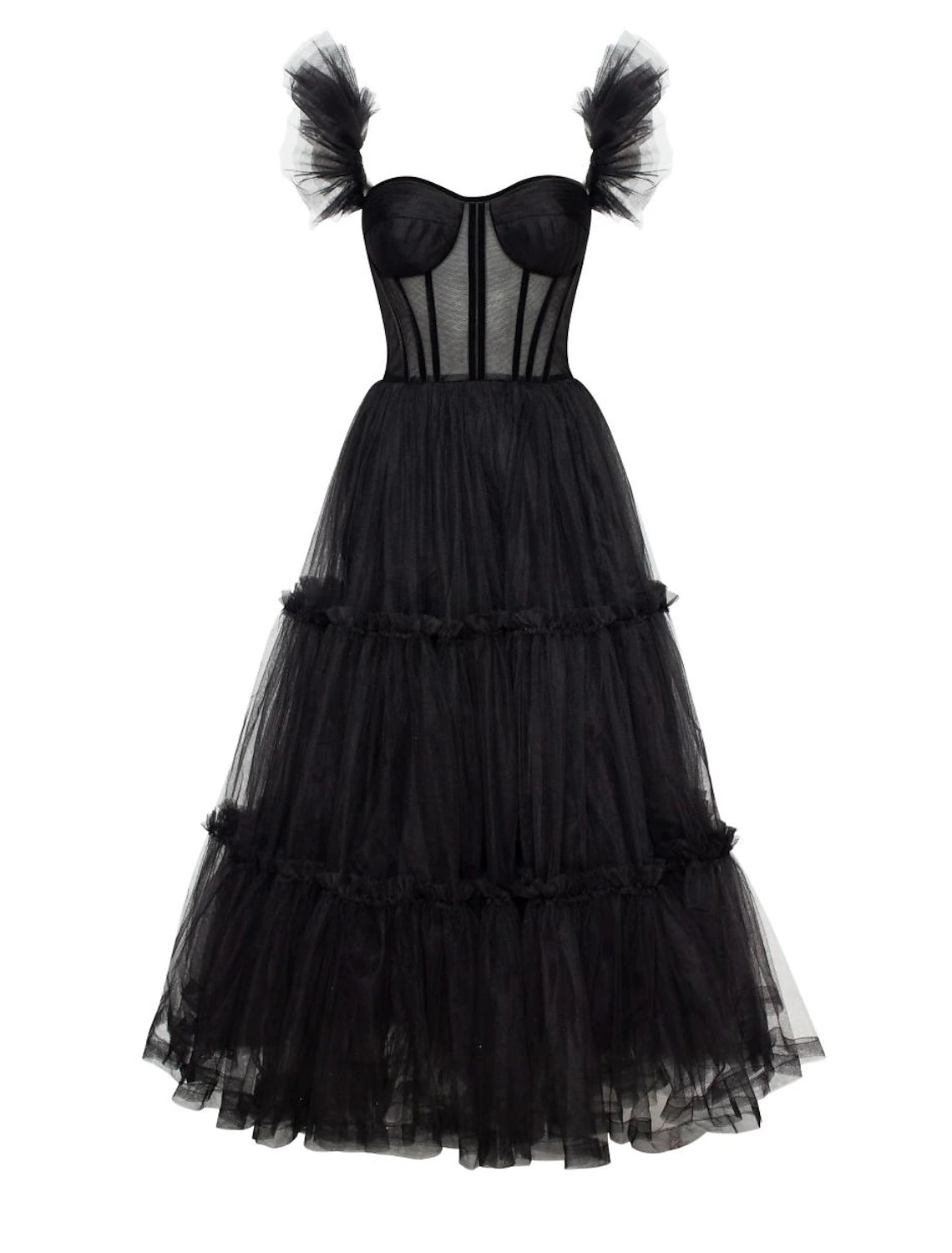 Gothic A-Line prom dress with sweetheart neckline and tulle skirt.